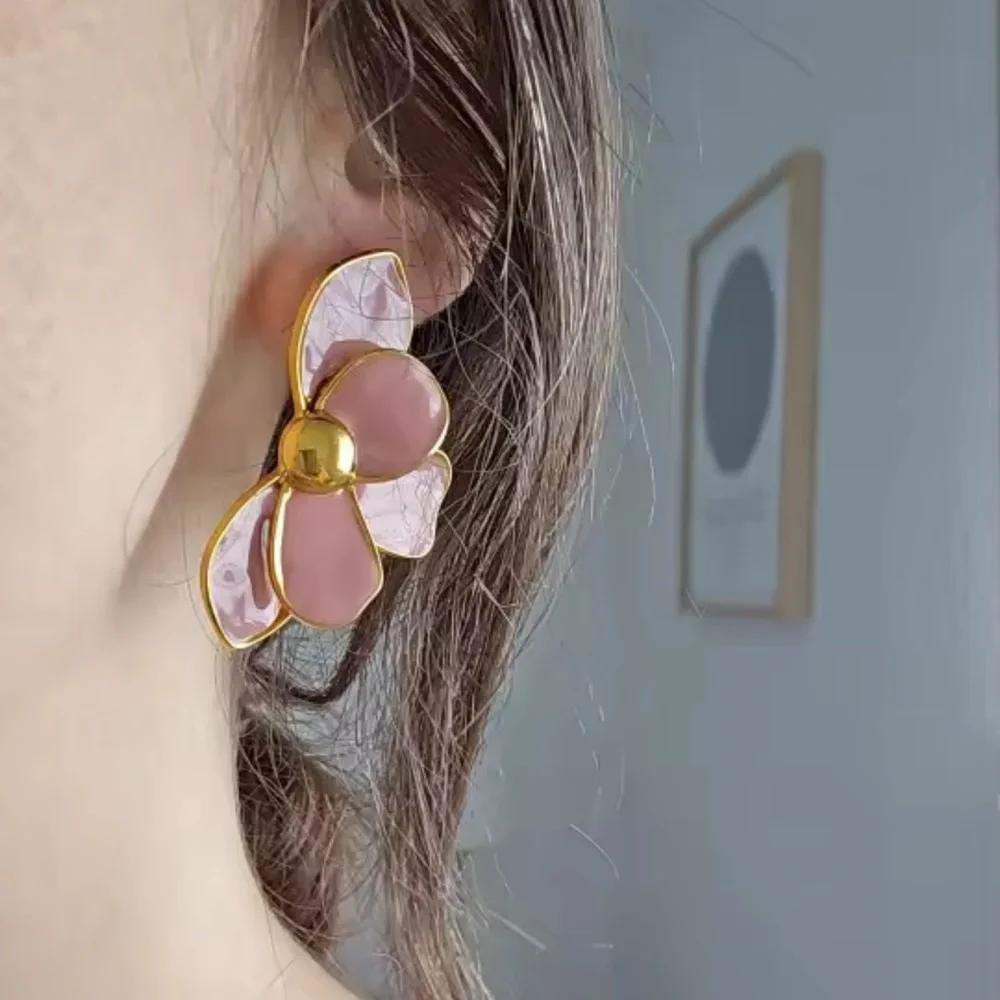 Blush Pink Petal Floral Gold Earrings